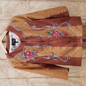 Sharif Couture Multi Color Embroidered Zip Front Cotton Blend Blazer Jacke…